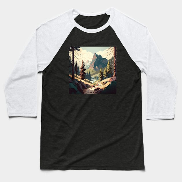 Hiking in Forest Minimal Design, Adventure Mountain Baseball T-Shirt by dukito